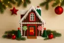 Lebkuchenhaus aus 3D-Druck mit Schneeverzierung, Zuckerstangen und Türdeko – Vorderansicht