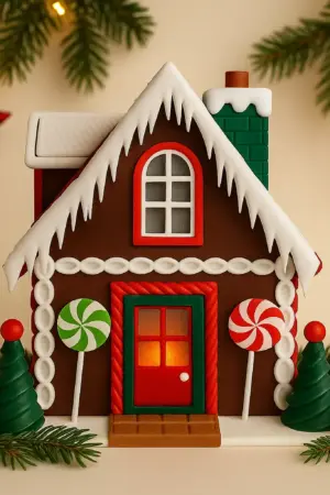Lebkuchenhaus aus 3D-Druck mit Schneeverzierung, Zuckerstangen und Türdeko – Vorderansicht