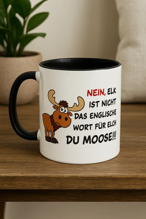 Elch Tasse mit humorvollem Spruch und niedlichem Elch-Motiv – Keramiktasse 330 ml, 330 ml, mikrowellengeeignet