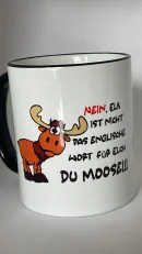 Lustige Elch Tasse mit Cartoon-Elch und Spruch „Elk ist nicht das englische Wort für Elch“ – Keramiktasse 330 ml, spülmaschinengeeignet