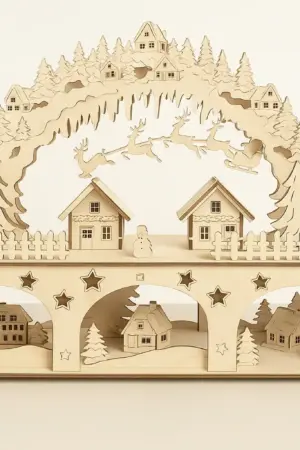 Schwibbogen Weihnachtsdorf aus Holz mit Winterlandschaft auf 2 Etagen, gerade Frontalansicht