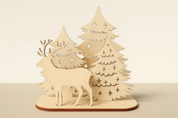 Weihnachtsdeko Rentier mit Tannenbäumen – Vorderansicht