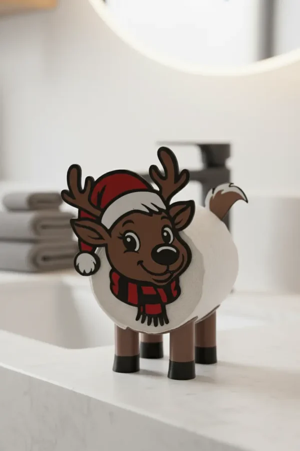 Rudi das Rentier hält eine Toilettenpapierrolle fest als dekorativer Halter im Weihnachtsdesign